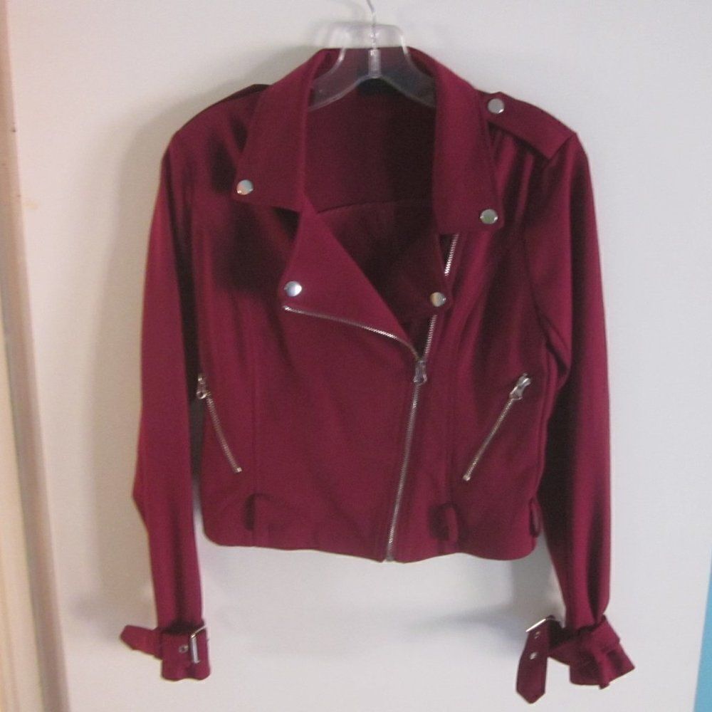 NBD Womens Size S Red Bandage Knit Biker Cropped Jacket Zipper Front - Picture 3 of 10